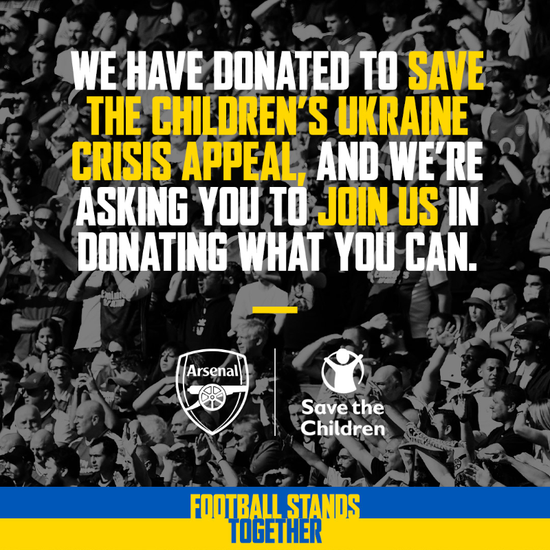 Arsenal's tweet photo. 🇺🇦 Stand with Ukraine

🔵 Be part of our new Ukraine Supporters' Club
🟡 Join us in donating to @savechildrenuk

Learn more about how you can help here 👇