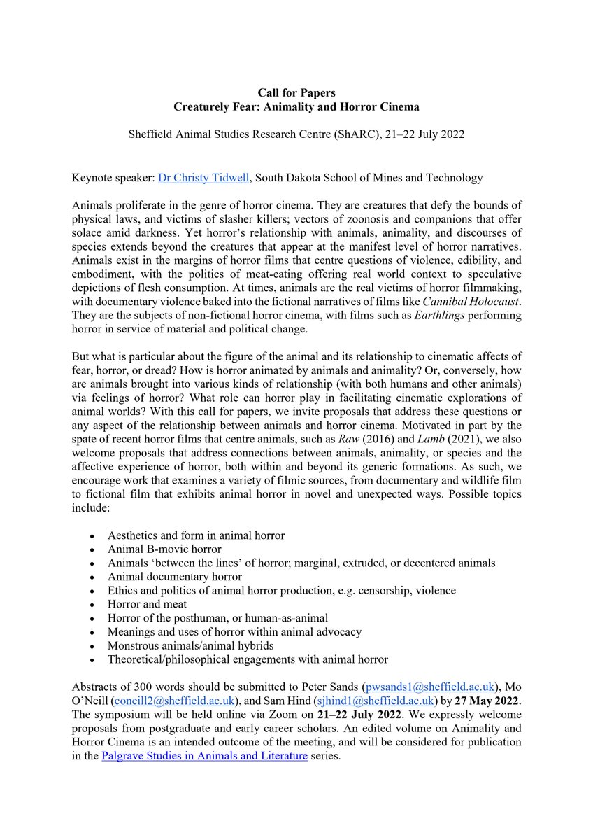 CreaturelyFear's tweet photo. #CfP now open for our online symposium on animality and horror cinema, with a keynote talk by Dr Christy Tidwell! Please RT/share, and see our website for full plain text version of CfP: https://t.co/F6jiLWKghx #animalstudies #envhum #horror #horrorstudies #filmstudies #posthuman https://t.co/hxcA3VAg9u