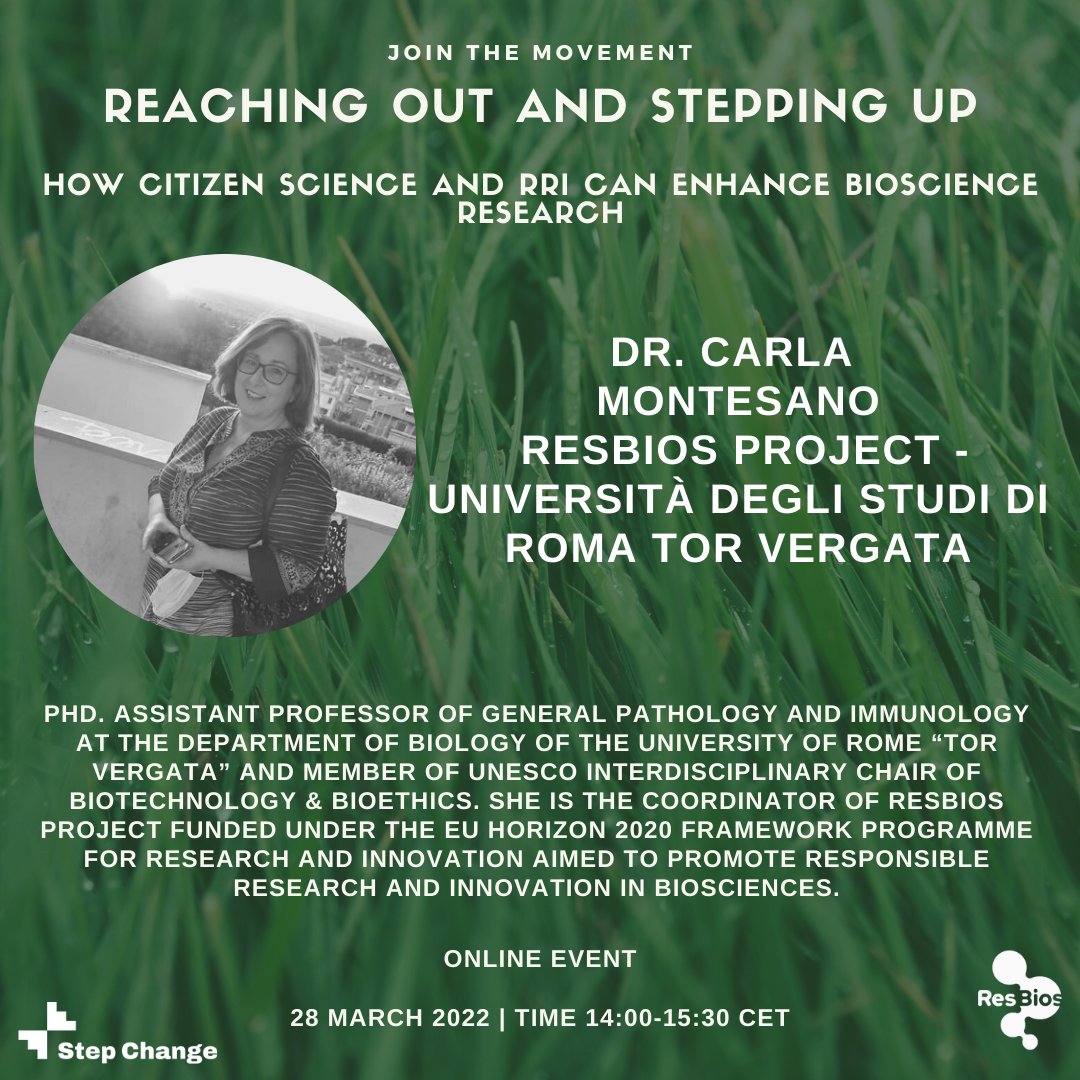 resbios's tweet photo. #MeetTheSpeakers

Reaching Out and Stepping Up 
Mar 28 - 14-15:30 CET

Prof @CarlaEMontesano - #ResBios Project Project - @unitorvergata2 
 
Click here to find out more:
https://t.co/5AE0XvMDvA
#RRI #Citizenscience #Biosciences https://t.co/GxhqaL4yWt