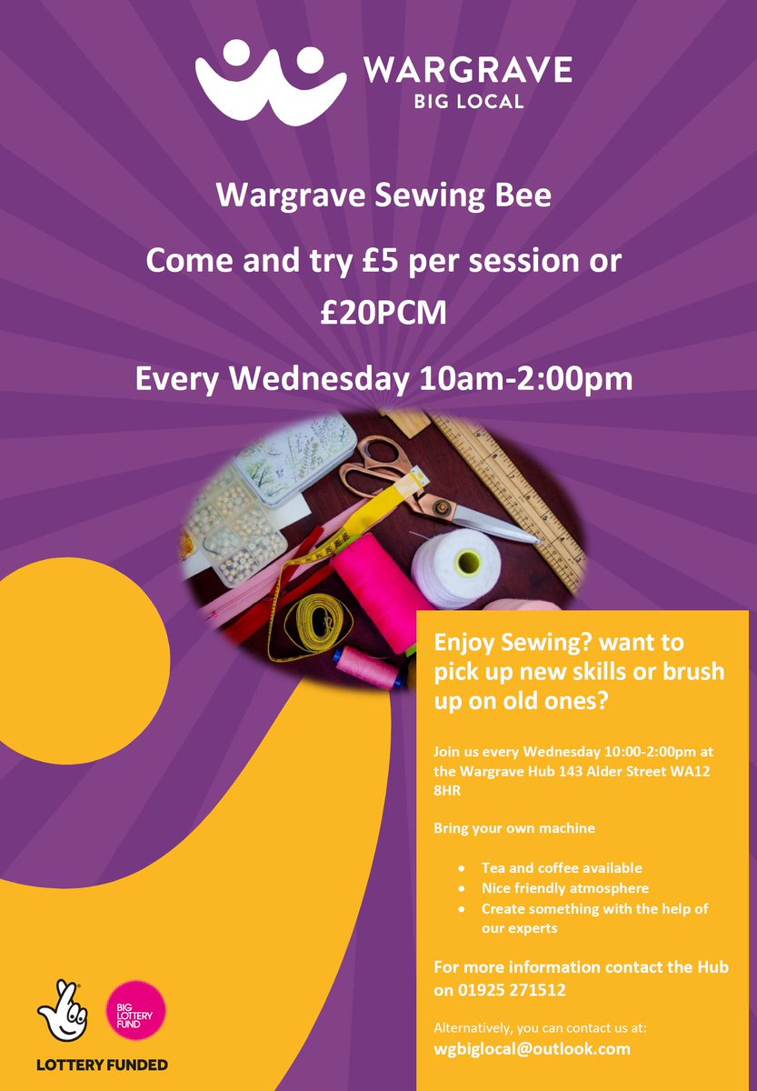 Enjoy Sewing? want to pick up new skills or brush up on old ones?
Join us every Wednesday 10:00-2:00pm at the Wargrave Hub 143 Alder Street WA12 8HR 
Bring your own machine 

For more information contact the Hub on 01925 271512

#sewingbee #wargrave #Community #newskills #sewing