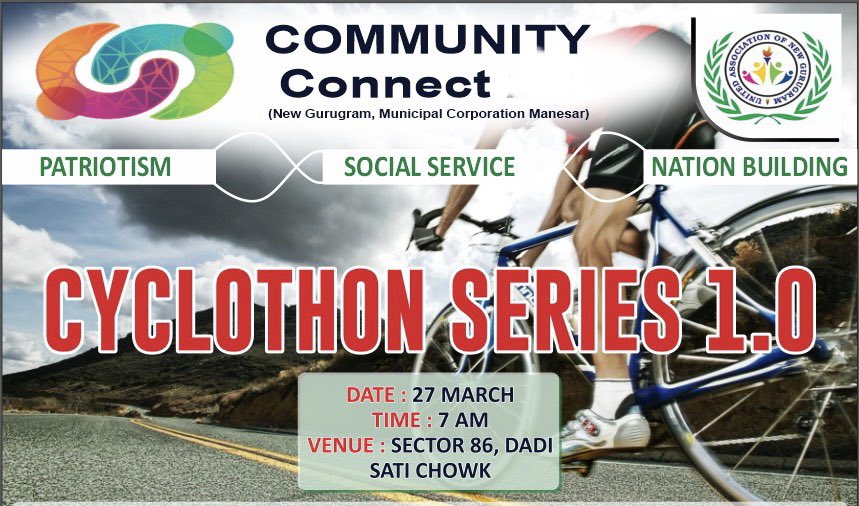 DevelopNewGgn's tweet photo. We are pleased to inform that under our campaign of #Community_connect we are initiating The series of #Cyclothon in New Gurugram
Please register you self👇
https://t.co/5KtwiP4o4s
We will keep updating about the further details
@DC_Gurugram @gurgaonpolice @MCManesar https://t.co/ZI7HVUrrDV