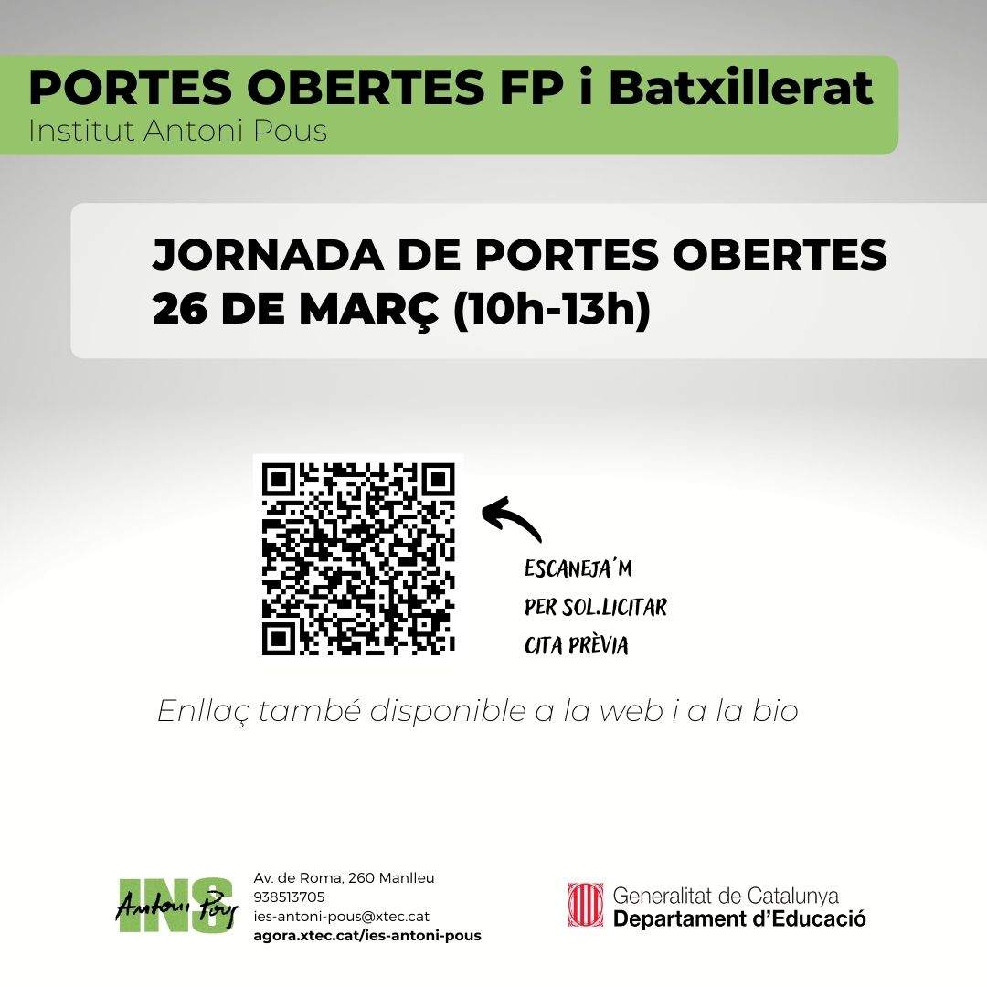 INSAntoniPous's tweet photo. Us presentem la nostra oferta formativa d'FP i Batxillerat.
Si ens voleu conèixer, us esperem el pròxim 26 de març a la jornada de portes obertes.
Podeu demanar cita al següent enllaç. Us esperem!
https://t.co/bjhLZfU0Ju https://t.co/DwvVxRt1f6