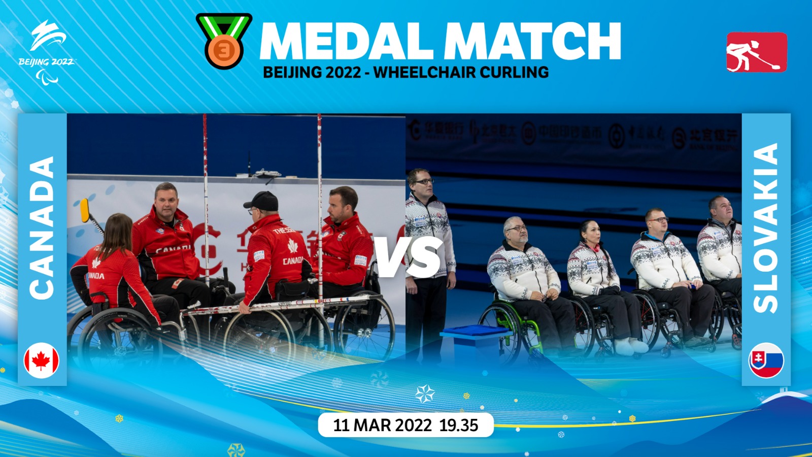 Canada and Slovakia Paralympic athletes on the ice ready for the Wheelchair Curling bronze match 