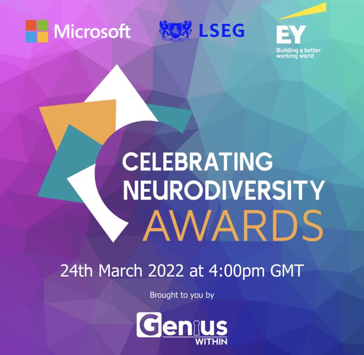 I’m truly honoured to have been a judge this year…
Please do join us by registering for FREE on Eventbrite to attend the #CelebratingNeurodiversityAwards online @geniuswithinCIC 

March 24th @4pm

 eventbrite.co.uk/e/celebrating-…