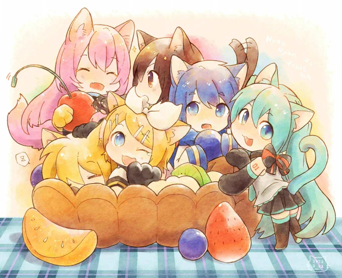 ピアプロ運営です。本日は「動物」作品をご紹介!mochiさんのすーぱーねこねこなピアプロキャラクターズ🐈ニャー!美味しそうなスイーツに喜ぶねこさんたち、とーっても可愛いです!💕【https://t.co/iRHigqFdWh】 #piapro #初音ミク  #鏡音リン #鏡音レン #巡音ルカ #MEIKO #KAITO 