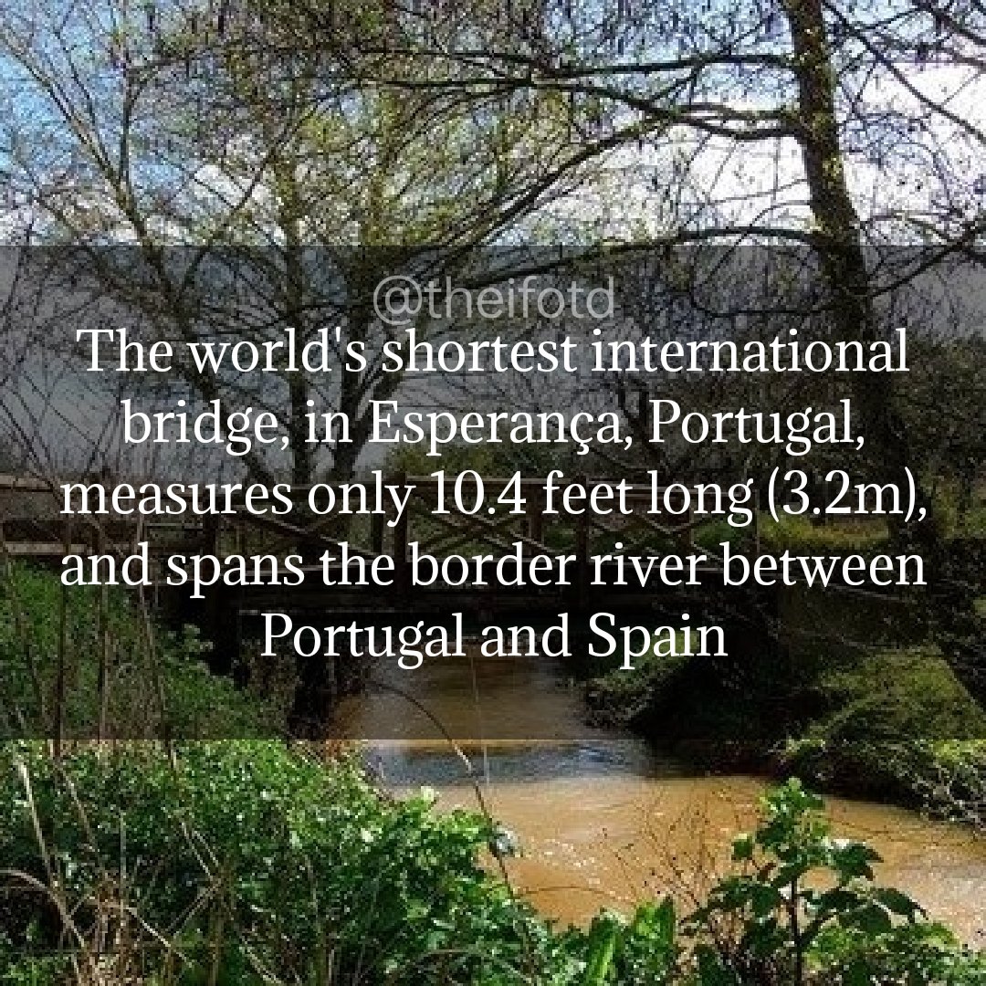 theifotd's tweet photo. #bridge #shortest #international #esperança #portugal #spain #europe #border #ifotd #interesting #fact #learnsomethingneweveryday #learnsomethingnew #todayilearned #goodmorning #morning #daily #facts https://t.co/GxWDVquig7