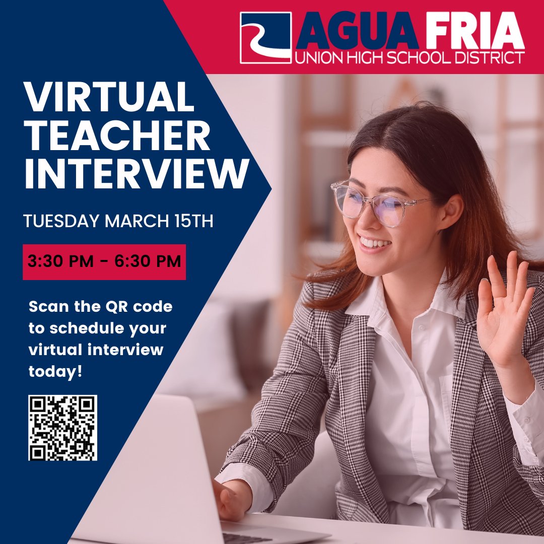 We want YOU to join us!

The Agua Fria Union High School District's Human Resources Department will be hosting a Virtual Teacher Interview Fair March 15th!

sign up here forms.gle/f87evoDA8PLfdi… or scan QR code.