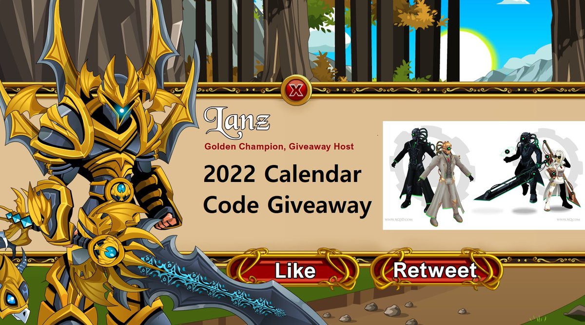 LanzAQW's tweet photo. 📢 2022 Calendar Code Giveaway!! 

- Can use in any AE games
- Simply Like and Retweet
- Ends March 13

Good luck! 🥃 https://t.co/21AXxXUwgT