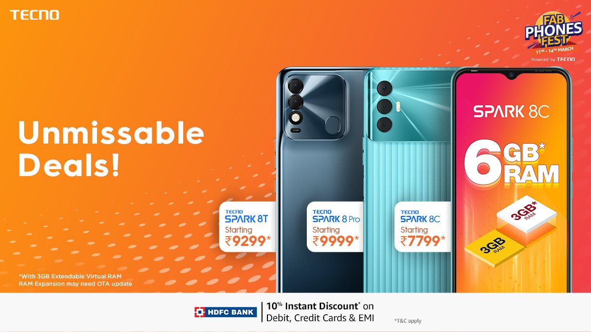 TecnoMobileInd's tweet photo. It's raining discounts on #TECNOSparkT #TECNOSpark8Pro #TECNOSpark8C on Fab Phones Fest sale days on Amazon powered by TECNO Smartphones.

Offer only till March 14th! Go grab yours now! 😍

Buy Now: https://t.co/ne4yKD6ID9

#TECNO #TECNOMobile #FabPhonesFest https://t.co/yz5QxeXuR0