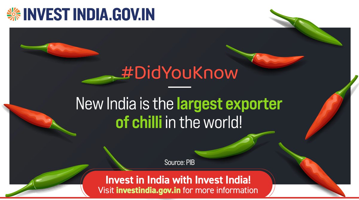 InvestIndiaUSA's tweet image. #InvestInIndia

#NewIndia produced 4393000 MT of green chili as per the 2nd advance estimate of 2020-21.

Explore more avenues at bit.ly/II-FoodProcess…

#SpiceIndustry #FoodProcessingSector #InvestIndia @USAmbIndia @IndianEmbassyUS @USCSIndia @USAndIndia @USIBC @AmchamIndia