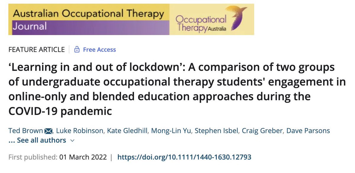 Our newly published paper in @AusOTJournal investigates occupational therapy students engagement in online-only and blended education approaches during the COVID-19 Pandemic. Link to the open access paper and summary of Key Findings in comments. #ot #research #COVID19 #education