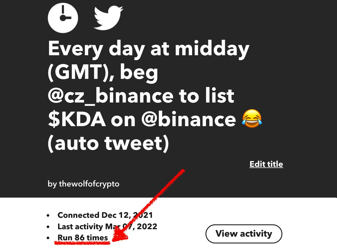 NakedBTC's tweet photo. It worked!
After auto-tweeting this for 86 days in a row @binance  is finally listing $KDA

#Kadena 
#KadenaToTheMoon 🚀🌔

@kadena_army @kadena_io @KADENAFAM we did it!

PS
@IFTTT 🙏🏻
@cz_binance 🙏🏻🙏🏻 https://t.co/NfEa7isJI3