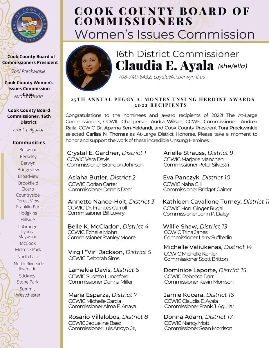 #HerStory was made in Cook County today! Congrats to all the nominees+honorees of the #ccwic2022 Peggy A. Montes Unsung Heroine Award💜 a special shout out to 16th District’s Jamie Kucera of the Pav YMCA!