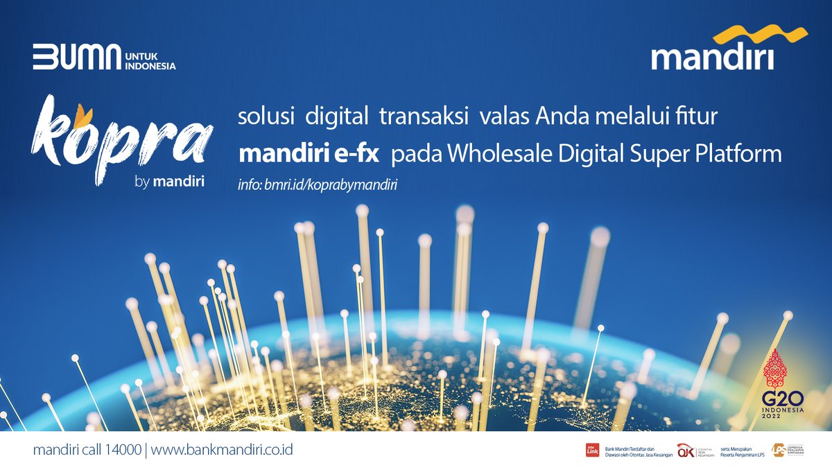 Treasury Bank Mandiri hadirkan inovasi e-FX KOPRA by Mandiri dengan berbagai fitur yang memudahkan nasabah korporasi bertransaksi valuta asing secara real-time dan daring. 

Info selengkapnya, hubungi mandiri call 14000 atau kunjungi bmri.id/koprabymandiri

#koprabymandiri