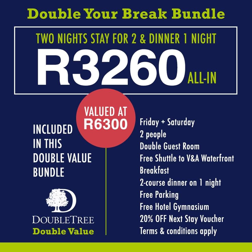 DoubleTreeCPT's tweet photo. Double Value DOUBLE YOUR BREAK DEAL 

• Contact us NOW: Tel: +27 21 404 0570
• Enquiries: https://t.co/5isG5CFhs9
• Terms &amp; conditions apply

#DoubleTree #DoubleTreeDoubleValue #CapeTownHotels #HotelDeals #DoubleValue https://t.co/f0g6eK9Zzj