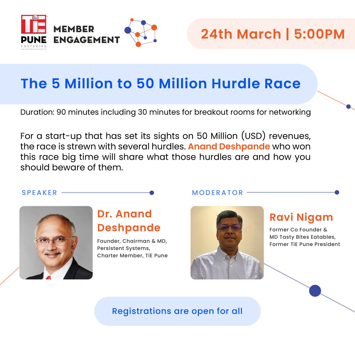 TiEPune's tweet photo. Mark your calendar for @TiEPune's next webinar on the '5 Million to 50 Million' journey with @anandesh on March 24th at 5 PM.
Registrations are open for all!
Register here: https://t.co/saHSJdfbZk
#tiepune #memberengagement #entrepreneurs #startupfounders #startupmasterclass https://t.co/2Ll1z25E9R