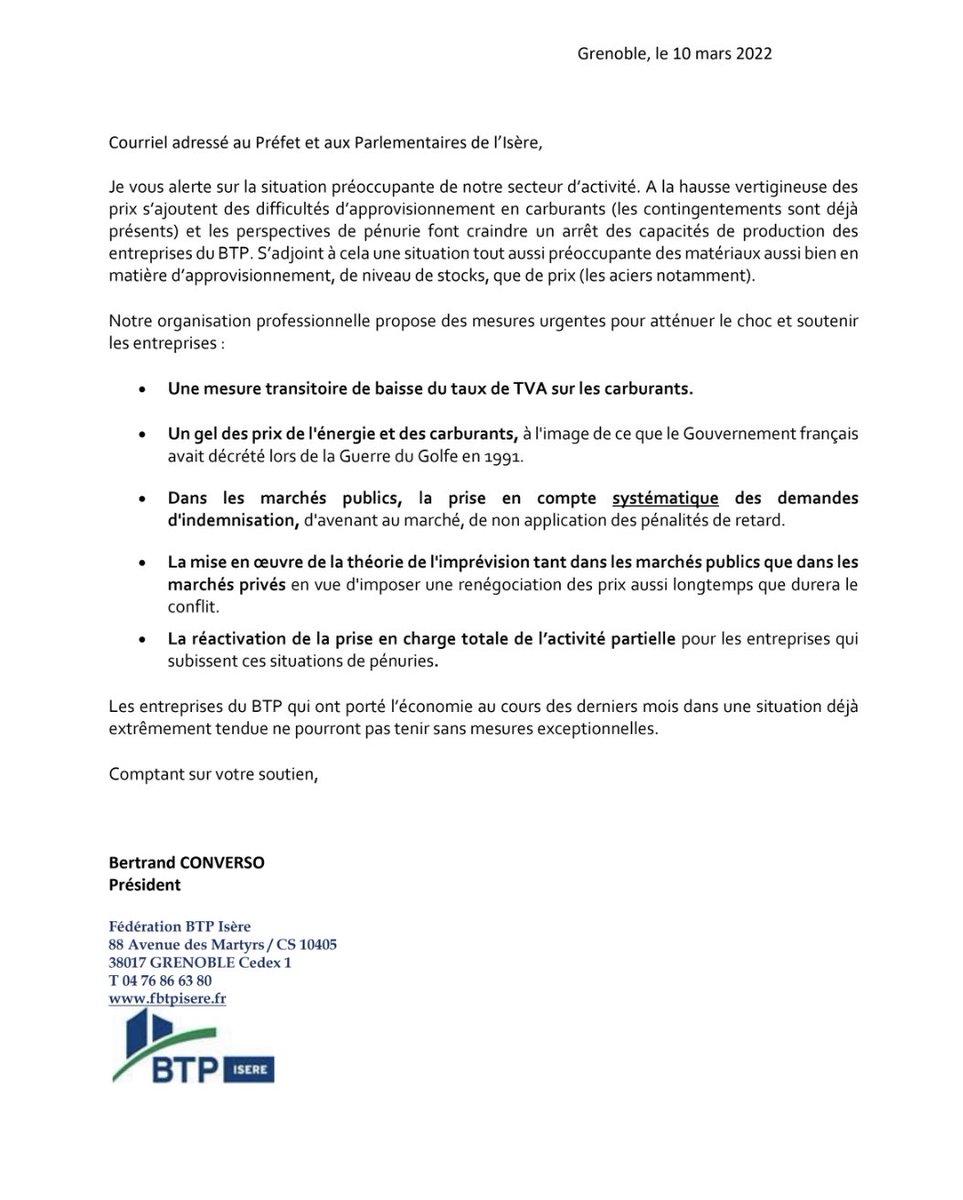 🚨 oui, URGENCE de prise en compte des demandes devant la flambée des prix des matériaux, les ruptures de livraison, les rationnements de carburants pour nos entreprises désormais en gd danger <a href="/Prefet38/">Préfète de l'Isère 🇨🇵🇪🇺</a> @frederiquep04 <a href="/M_MeynierM/">Marjolaine Meynier-Millefert</a> <a href="/AbadieCaroline/">Abadie Caroline</a> <a href="/BattistelMarie/">BATTISTEL Marie Noelle</a> <a href="/JPBARBIERISERE/">Jean-Pierre BARBIER</a>