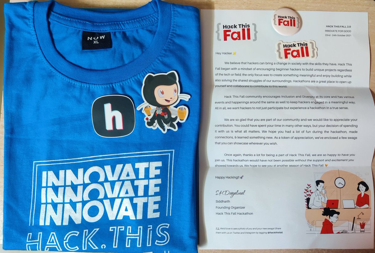 SubhamC_14's tweet photo. Thank you @hackthisfall and @siddharth_hacks for these lovely swags 🔥🤩 Love the color 💙
Had an amazing experience as an evangelist and as a hacker at HTF! 💫
Met some lovely folks and learnt a lot🙌🏻
Looking forward to the next season ✨ https://t.co/B87nuBew6A