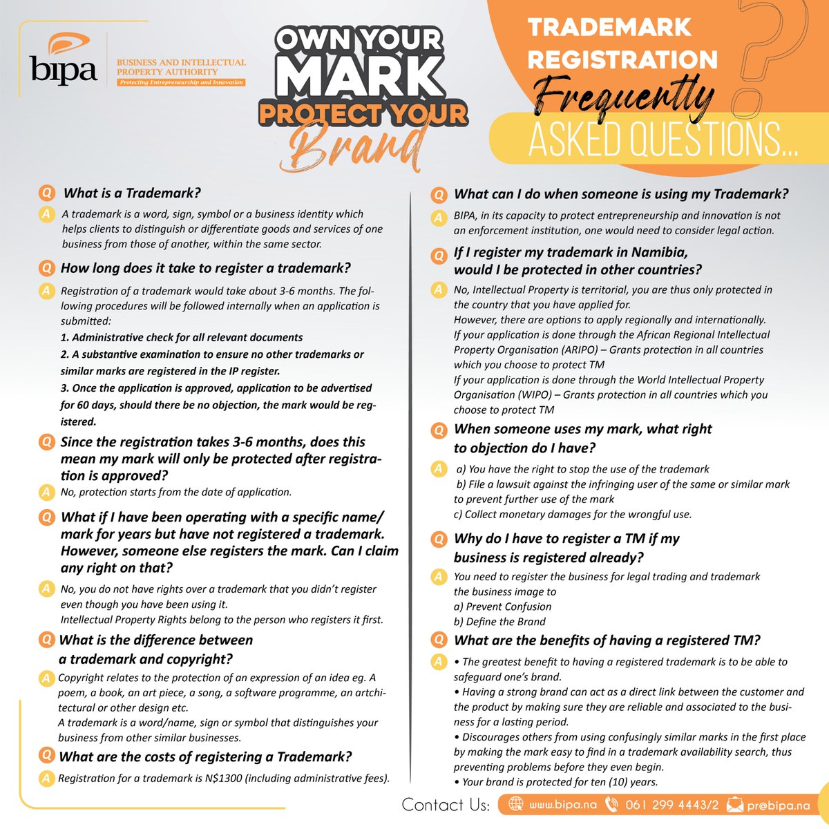 bipa_nam's tweet photo. Here are some frequently asked questioned that answer everything you need to know about Trademark Registration.
Visit https://t.co/9KK7OENZwZ for more information.
#ownyourmark #protectyourbrand https://t.co/WfJm2OtkEH