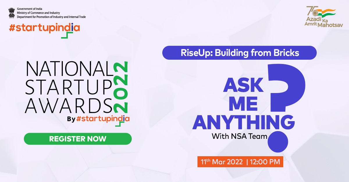startupindia's tweet photo. Join us for a AMA session in RiseUp: Building from Bricks series with #NSA2022 team today at 12 PM. 

Come and join a conversation to get all your queries and doubts resolved now!

Join us now at: https://t.co/gb4fjJps0M https://t.co/oFGeXYasss