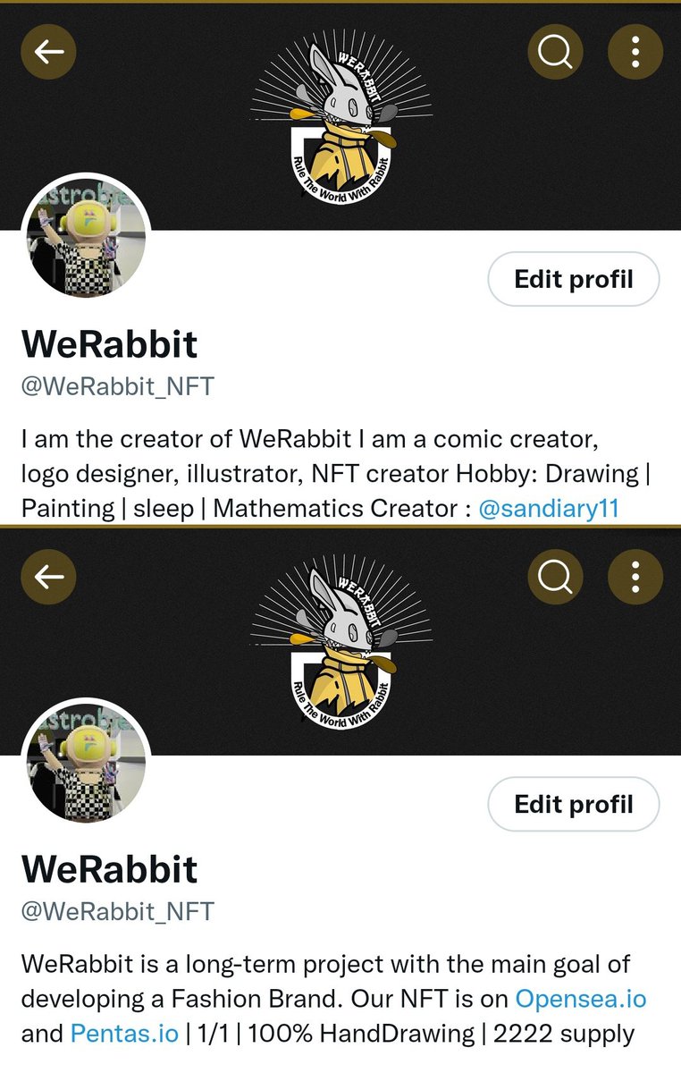 WeRabbit_NFT's tweet photo. Update Description

Roadmap will update 12 March
Comic WeRabbit Prolog - 12 March

Keep Going #Ruletheworldwithrabbit

Market
Opensea : https://t.co/a7NqIPw2ux
Pentas : https://t.co/TzrRmvCYzk

Utility : Hold 4 item WeRabbit - Free T-Shirt https://t.co/yCMSHwhzC3