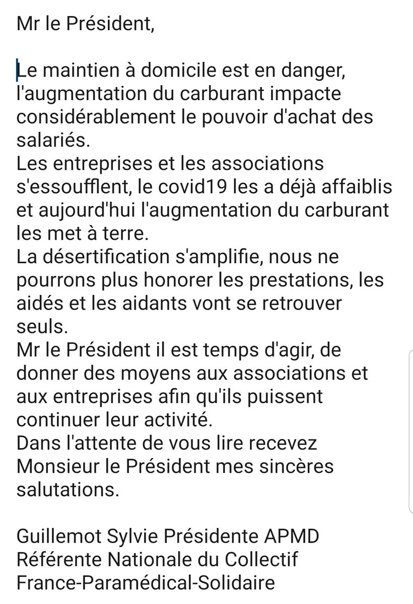 Mail envoyé ce matin au Président de la République, courrier suivra. 
#TOUSEGAUX #Politique #carburants #aidants #aidés #aideadomicile <a href="/EmmanuelMacron/">Emmanuel Macron</a>