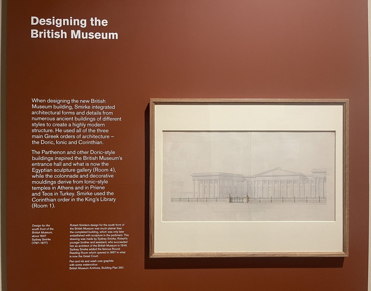 Frannabel2010's tweet photo. Very exiting to see #archives on display in Room 3 @britishmuseum. This beautiful design drawing of the Museum building is part of a larger collection by architects Robert &amp; Sydney Smirke from 1820s-50s. You can follow the trail here: https://t.co/fM0h2Oste9 #BritishMuseum https://t.co/GjkyhVPSMK