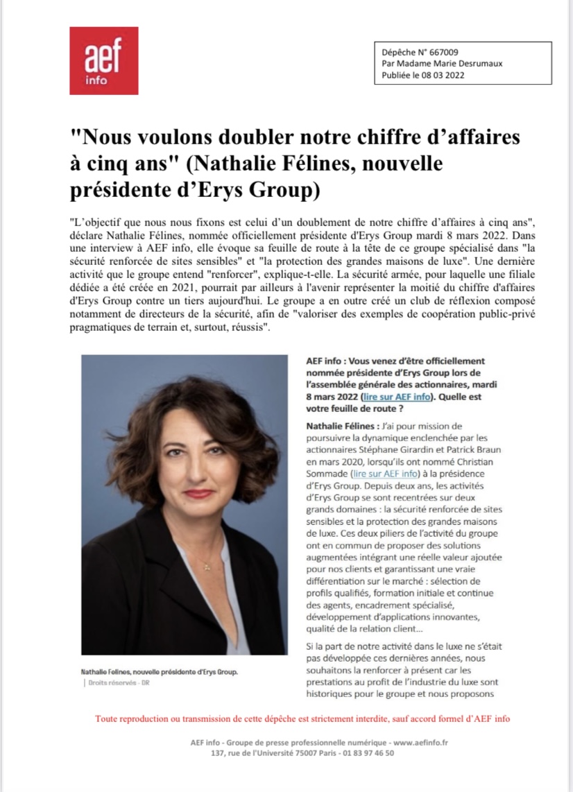 GroupeErys's tweet photo. A l’occasion de sa nomination à la présidence d’Erys Group, Nathalie Félines a accordé une interview à Marie Desrumaux  pour AEF sécurité. 💫
 
Une interview à retrouver en intégralité👇🏻
 
[Publié avec l’accord de l’agence de presse AEF INFO] https://t.co/OOd4mdPRrk