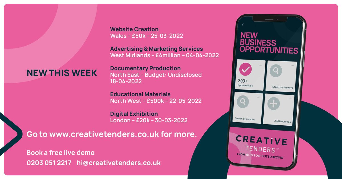 Creative_Tender's tweet photo. The latest #CreativeTenders live on our portal! These are just some of the top tenders we have uploaded to our portal this week. Book a free, live demo, to see how Creative Tenders can work for your business! https://t.co/nIkcGgUnG5
#CreativeOpportunities #TenderOpportunity https://t.co/42zMlcsjne