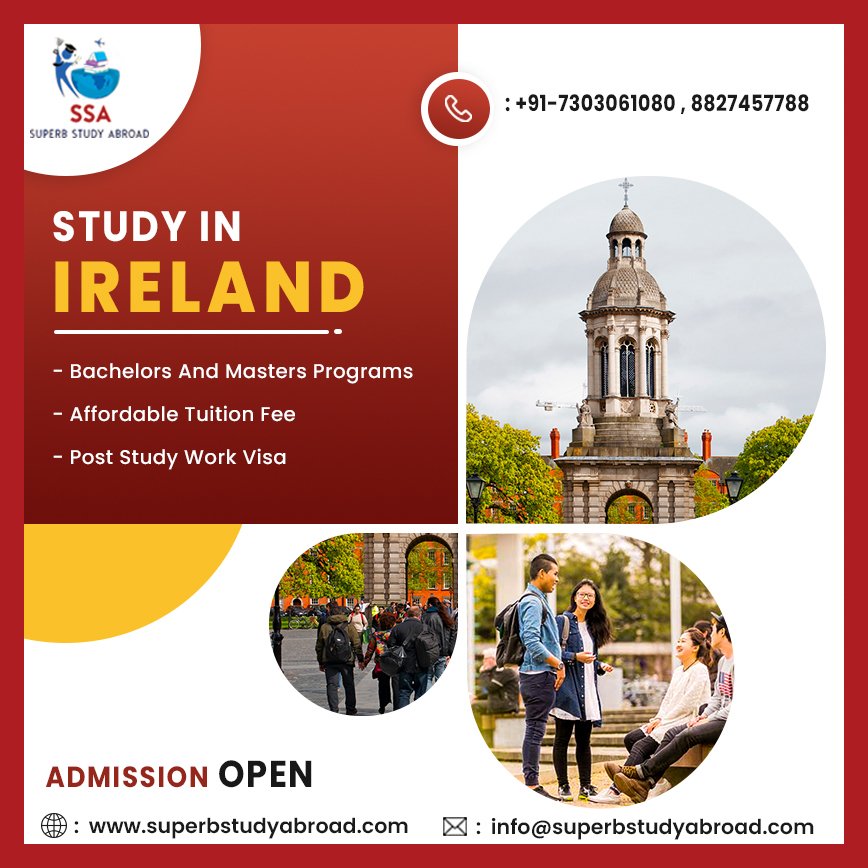SuperbAbroad's tweet image. Studying in Ireland is a Dream for Many Students. SSA Help you. 
Take SSA's FREE COUNSELLING for;
#COURSESELECTION #ADMISSIONCOLLEGE #FASTPROCESS #EDUCATIONVISA #DOCUMENTATIONGUIDANCE #LOANandVISAGUIDANCE
Apply now
call: 7303061080/8827457788 
Visit- superbstudyabroad.com