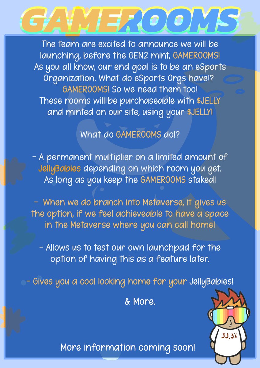 JellyCoNFT's tweet photo. Here it is!

WL spots will be opened after JELLOTTO is launched!

You can either mint with $JELLY as a holder or SOL.

REVSHARE on mint &amp; secondary market is another utility of the GAMEROOMS!

Are you sure you want to miss this!

#NFTs #NFTCollection #NFTCommunity #SolanaNFTs https://t.co/Xdq5ySiww5