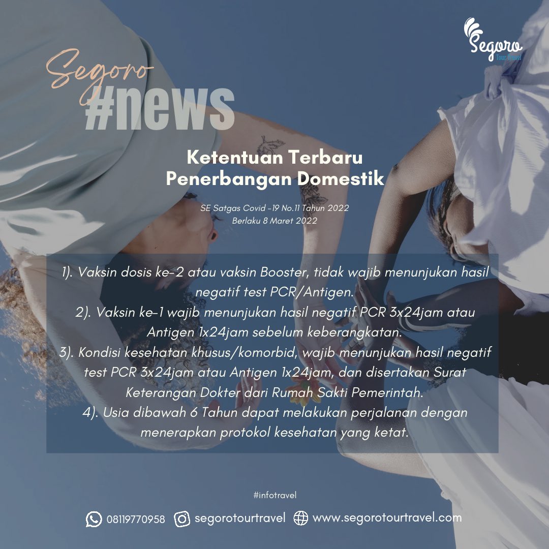 Segoro_Tour's tweet photo. Hi Sobat Segoro,
ada info ketentuan terbaru nih utk perjalanan penerbangan domestik..

Tapi kalian tetep jangan kendor ya…
Kalian hrs tetep jalanin prokes, biar kita semua selalu aman..

Dan pastinya selama perjalanan kalian sama @segorotourtravel kalian kita jagain banget.. https://t.co/4F4xw1Ld2h