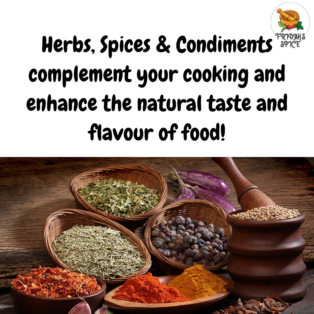 FridahSpice's tweet photo. Herbs, Spices & Condiments complement your cooking and enhance the natural taste and flavour of food!👌🏾
#fridahsspice #spiceknowledge #spicesherbsandcondiments #organicspices #naturalspiceblends https://t.co/MXkZ7uIyCA