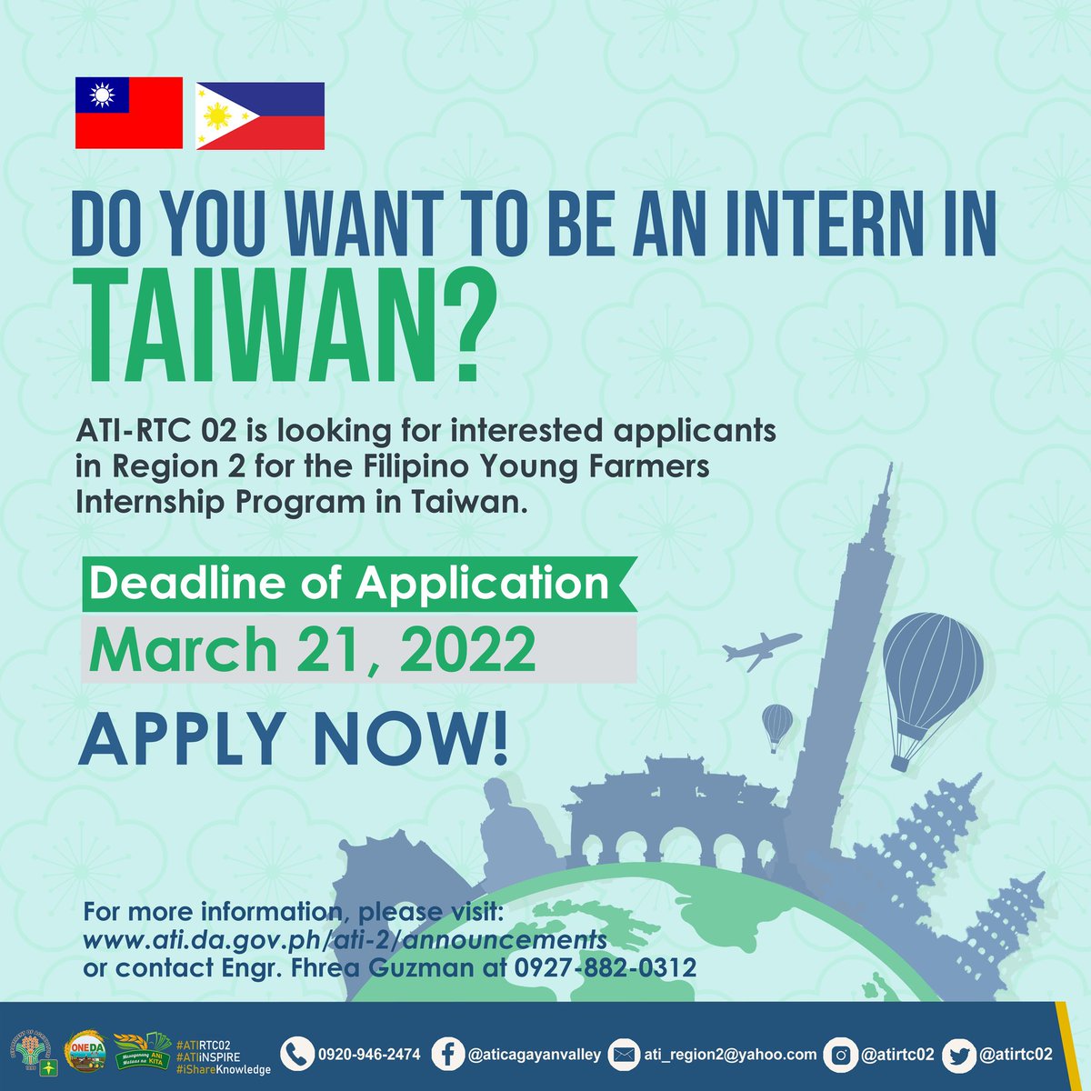 atirtc02's tweet photo. Be an intern in Taiwan and learn modern agricultural technologies.
Details: https://t.co/t6lbxA49Eg
#ATIrtc02 #ATIiNspire #iShareKnowledge #OneDA https://t.co/MvxOG8Dw0B