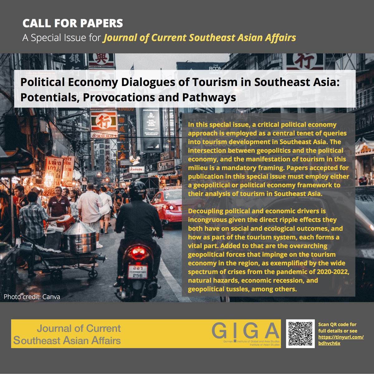 jmcheer1's tweet photo. 🔸"Political Economy Dialogues of Tourism in Southeast Asia: Potentials, Provocations and Pathways".
🎙️ Call for Papers
📒 The Journal of Current Southeast Asian Affairs
Scan QR code or see full details https://t.co/OnbIBeByjp
#SoutheastAsia #GIGA #JCSAA @GIGA_Institute https://t.co/mKMc8Snho1
