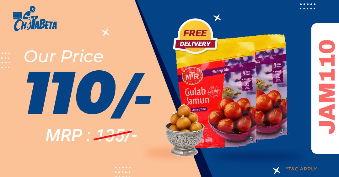 ChotaBeta's tweet photo. So Sweet So Good,  Sure to Bring Smiles!!!
Gulab Jamun 2 Pckts only for Rs110/- Order Now!
 https://t.co/SjJr5kohzh

#onlinegrocery #onlieshopping #freedelivery #offers #groceries #homeneeds #hyderabad #bangalore #staples #free #fastestdelivery #homedelivery #chotabetaa #online https://t.co/u9lio7J4I5