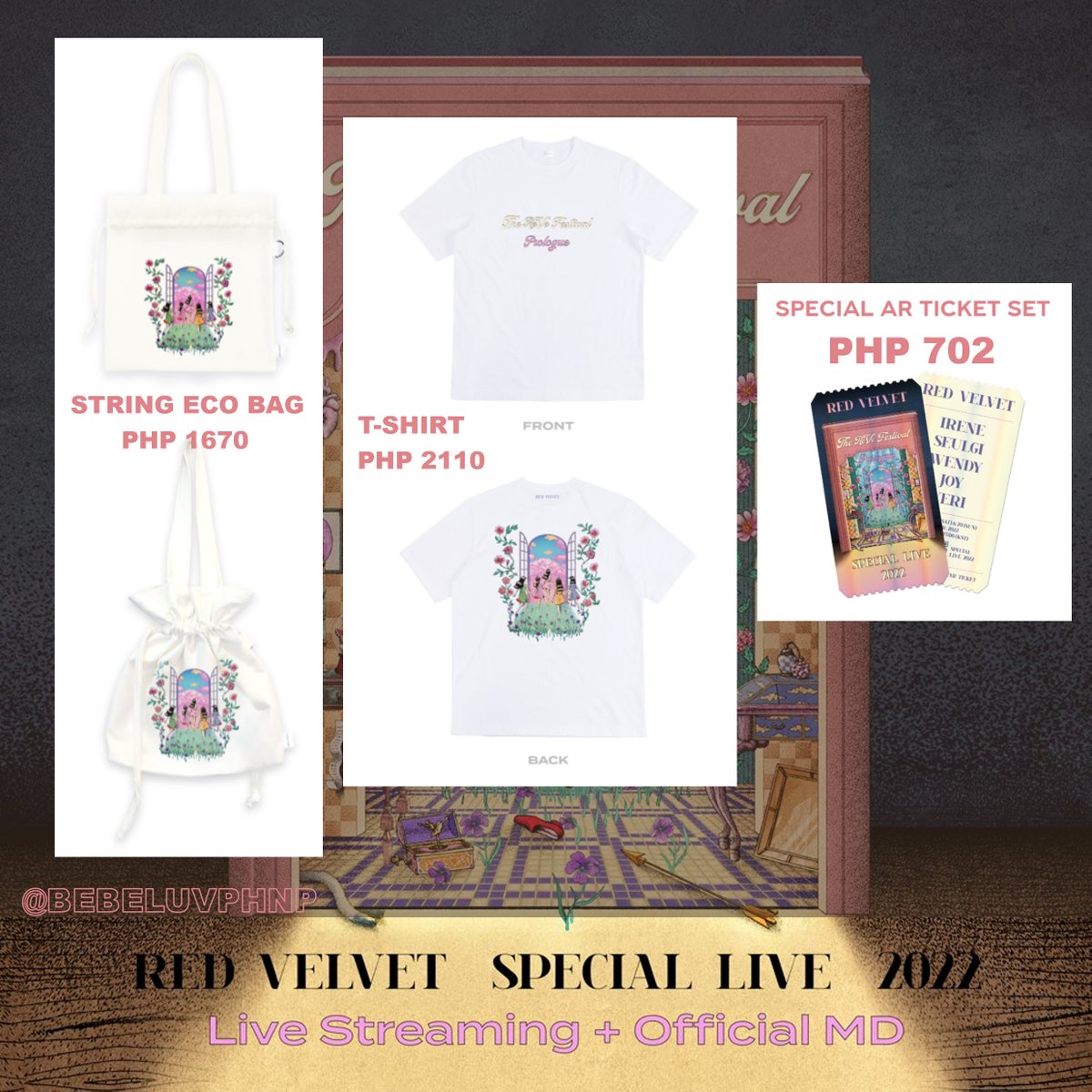 bebeluvphnp's tweet photo. [PH GO #BebeluvPhnpPHGO] 

Red Velvet ‘2022 The ReVe Festival : Prologue’ MD

String Eco Bag - 1670Php
T-shirt- 2110Php
AR Ticket - 702Php (choose member)

DOO: 3/18
DOP: 3/19

Normal ETA
Form: https://t.co/cFNgGiHxyt

#RedVelvet #Irene #Seulgi #Wendy #Joy #Yeri https://t.co/XKxsrra1AY