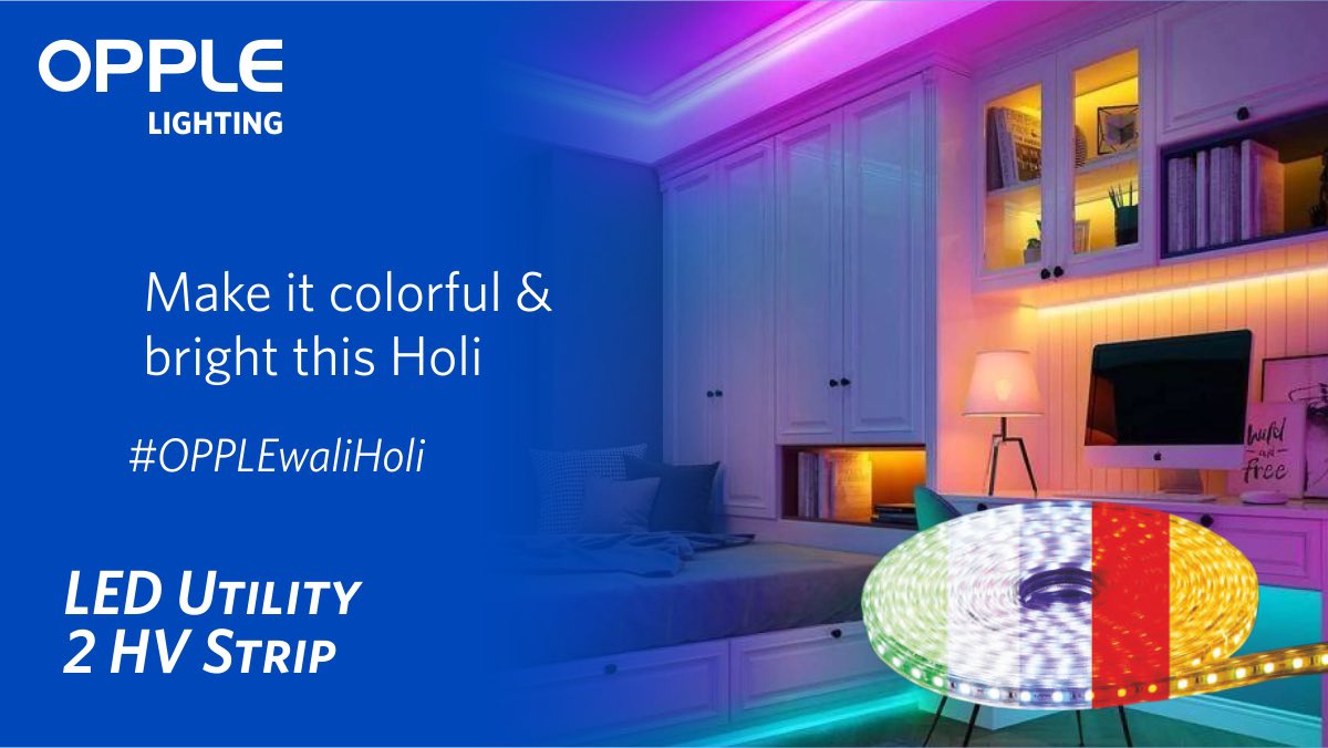 Oppleindia's tweet photo. This Holi, add colors to your lighting with OPPLE LED Utility 2 HV Strip Light. Available with 6 color variants can be easily installed and offers bright and crisp light to enhance the decor.
#LEDStrip #ColouredLight #LEDLights #FestivalLights #FlickerFree #OPPLELED #OPPLE https://t.co/dd308qQ9VH