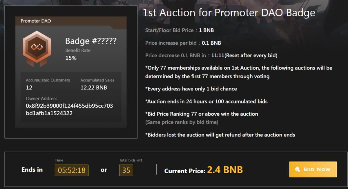 Puppppy9's tweet photo. @jisoo_nft @ADolphinsNFT @itsmedyosaa1 🌟Last 6 hours and 35 bids left!! The price of #PromoterDAO Badge reached 2.4 BNB🌟

As the certificate of 777 Global limited memberships of Promoter DAO, ONLY 77 of them are available on the 1st Auction!

Auction website: https://t.co/d8jVo8N71J

#Lifeinfinity #NFT #Metaverse https://t.co/QzAyLe9mVg