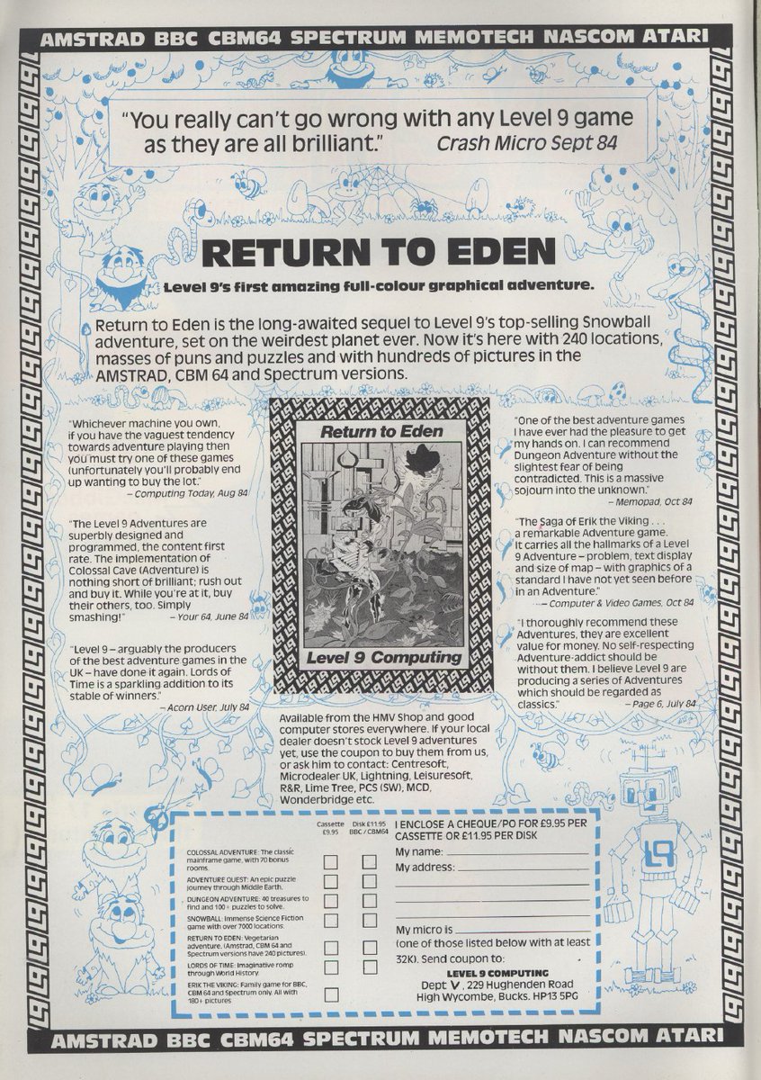 TakodanTweets's tweet photo. 1984 ad for the game 'Return to Eden' by #Level9Computing on #Amstrad #BBCMicro #Commodore #C64 #ZXSpectrum #Memotech #Nascom #Atari https://t.co/o78Yds4pjW