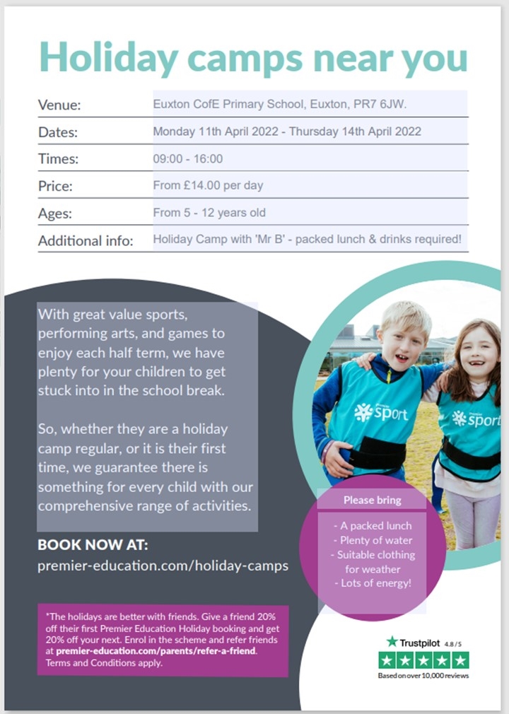 📢 <a href="/PremSport_BLWW/">Premier Education - NW</a> Easter Holiday Camp taking place at <a href="/EuxtonCEPrimary/">Euxton CE</a> Mon 11th April - Thurs 14th April
to book a place for your child click here 👉 premier-education.com/parents/venue/…
🤸‍♀️⚽️🏏 

<a href="/EuxtonStMarys/">Euxton St. Mary's</a> <a href="/EuxtonPH/">Euxton Primrose Hill</a> <a href="/EuxtonCouncil/">Euxton Council</a>