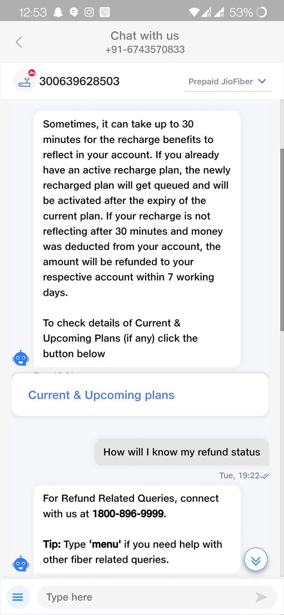 Princebychance's tweet photo. Why is @reliancejio having so pathetic service? I had failed transaction on 1 Mar but can't track refund status. They simply don't have any means to check it. @JioCare chat gives me a number to call for refund queries. But in call there is no mention of refund. https://t.co/Jlr1GOgWY8