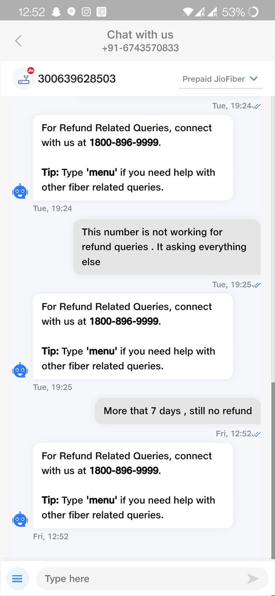 Princebychance's tweet photo. Why is @reliancejio having so pathetic service? I had failed transaction on 1 Mar but can't track refund status. They simply don't have any means to check it. @JioCare chat gives me a number to call for refund queries. But in call there is no mention of refund. https://t.co/Jlr1GOgWY8