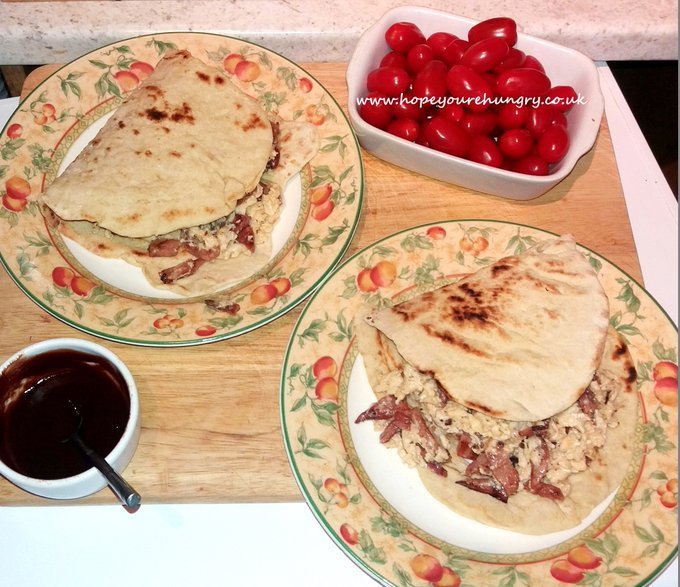 re_hungry's tweet photo. Good morning lovely Hungrys! It's a beautiful day, #coffee on &amp; time for my full #flatbread foldovers  - recipe: https://t.co/hqdhiVP3Gg  Warm #homemade flatbreads, fluffy scrambled #eggs &amp; crispy #bacon - delicious! Stay hungry! ;) x #bakeithappen #breakfast #bread #Friday https://t.co/o70CtO16YT