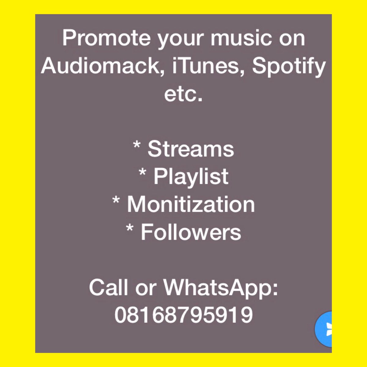 Sirfreshsemi's tweet photo. Dear Music Artists, YouTubers &amp; brands.

Do you need organic streams on Audiomack, Spotify, iTunes etc, Organic YouTube subscribers &amp; views? TikTok &amp; Instagram followers, Twitter trends &amp; promo? send a Dm or WhatsApp https://t.co/bsi5hMe4lw https://t.co/Ows6Un5OPB
