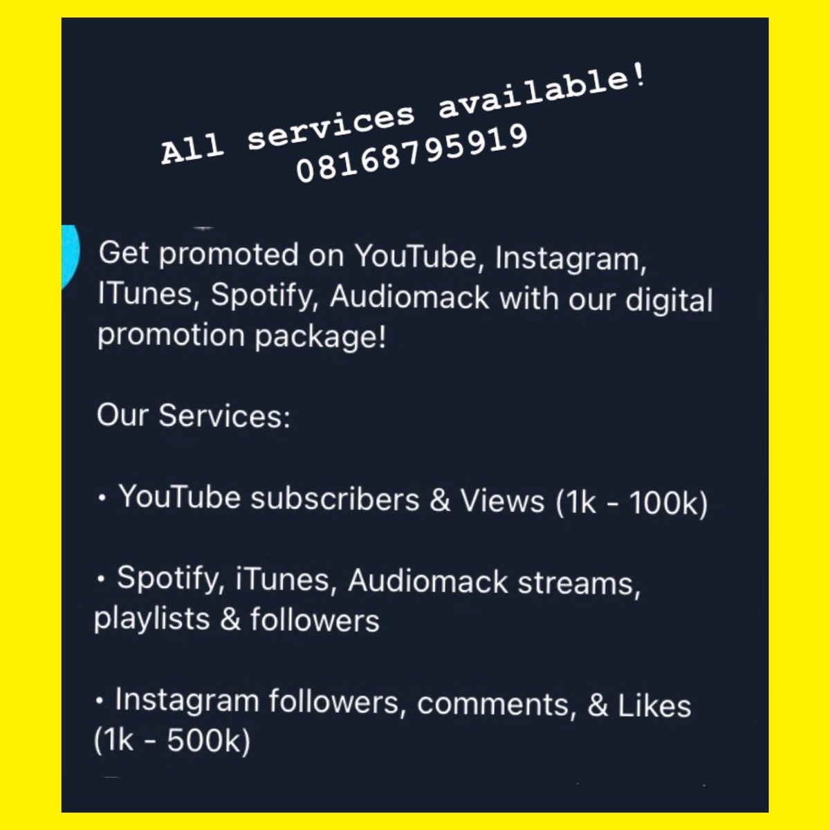 Sirfreshsemi's tweet photo. Dear Music Artists, YouTubers &amp; brands.

Do you need organic streams on Audiomack, Spotify, iTunes etc, Organic YouTube subscribers &amp; views? TikTok &amp; Instagram followers, Twitter trends &amp; promo? send a Dm or WhatsApp https://t.co/bsi5hMe4lw https://t.co/Ows6Un5OPB