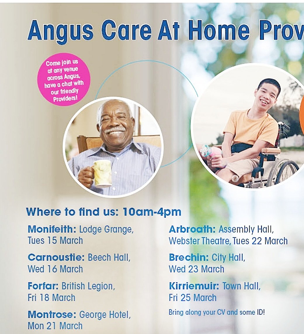 In each Angus town there will be a  Social Care Recruitment Fair event.  Providers may also take the opportunity to begin the recruitment process on the day, so please bring along a CV and identification. See link &amp; pic for dates &amp; info jobs.investinangus.com/Web%20Forms/Pu…