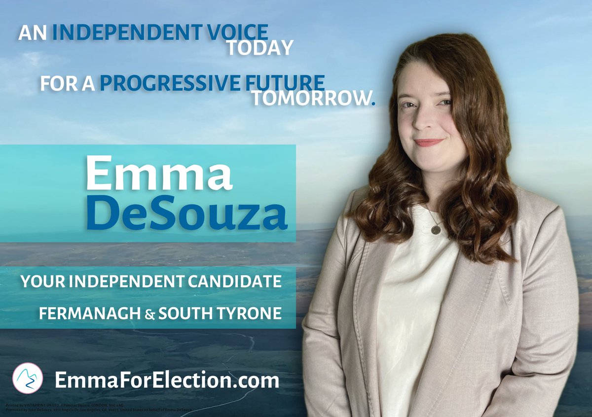 EmmaCDeSouza's tweet photo. I'm stepping forward to run as an independent in Fermanagh and South Tyrone in the upcoming Assembly election.
As part of the Good Friday Agreement generation, my focus remains fixed on the future, not on the past.
Time to usher in a new approach to politics. #EmmaforElection https://t.co/jsdbEXyzHr