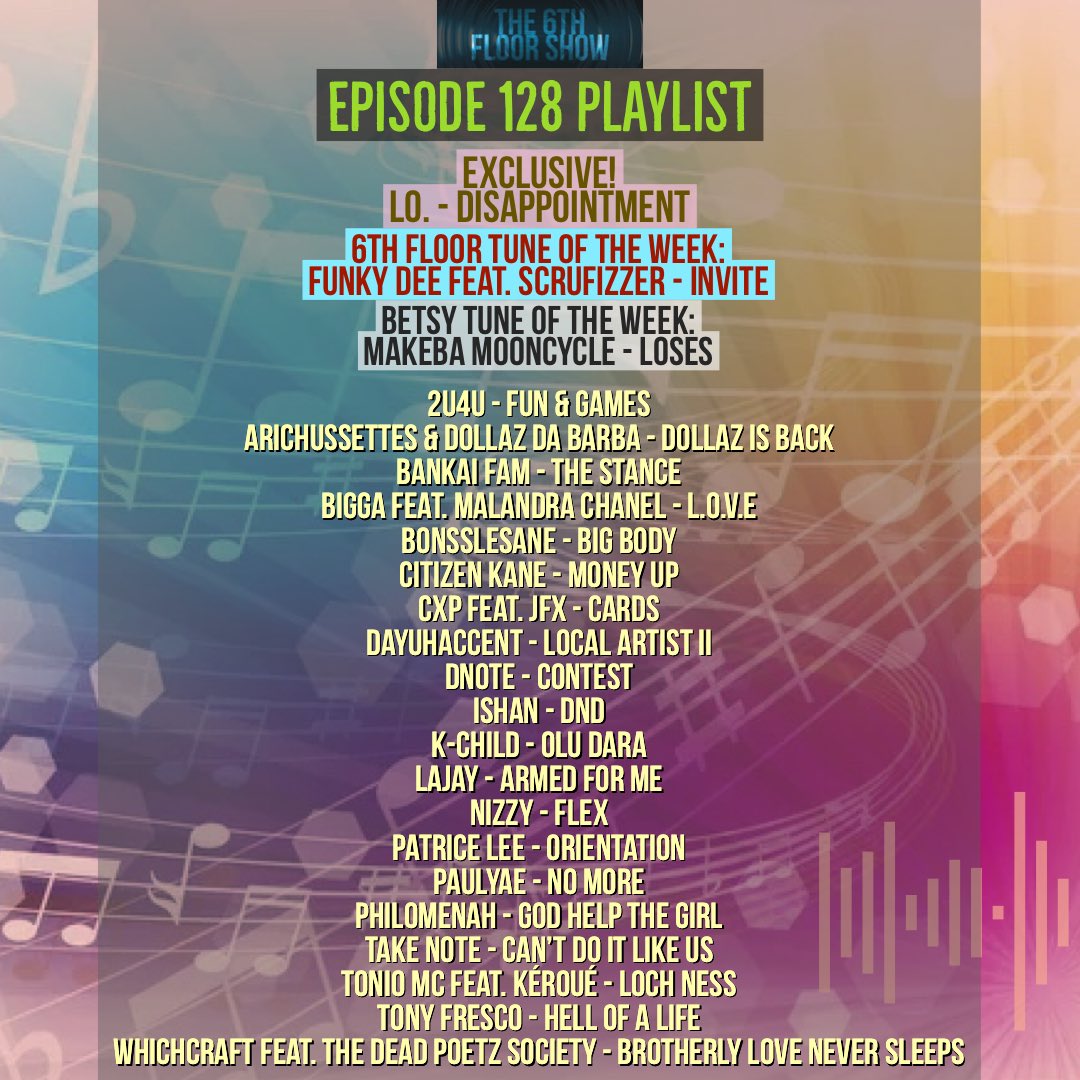 The6thFloorShow's tweet photo. Episode 128 #ComingSoon #The6thFloorShow 

@lajayuk @MakebaMooncycle @PatriceLeeMusic @Paulyae__ @philomenahhh @TakeNoteClique @TonioEmcee @ItsTonyFresco @Whichcraft75 @TheDeadPoetzSo1 https://t.co/56D58ff9zK
