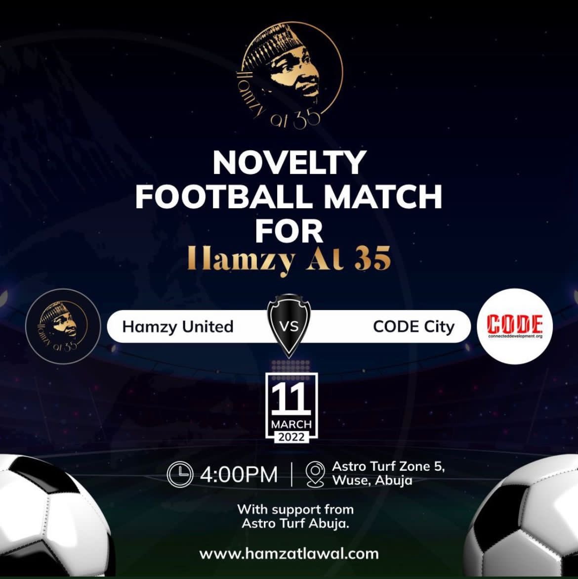 WilsonAtumeyi's tweet image. Come and watch me play for #CODECity. A novelty football match for my boss @HamzyCODE. 

Happy birthday in advance 
#HamzyAt35 
#Atumeyi